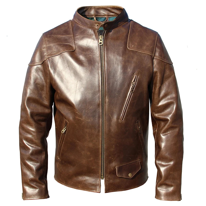 Fashion Natural Horsehide Leather Jacket Men Oil Waxed Cowhide Genuine Leather Coat Slim Male Clothes Autumn Chest 128cm M002