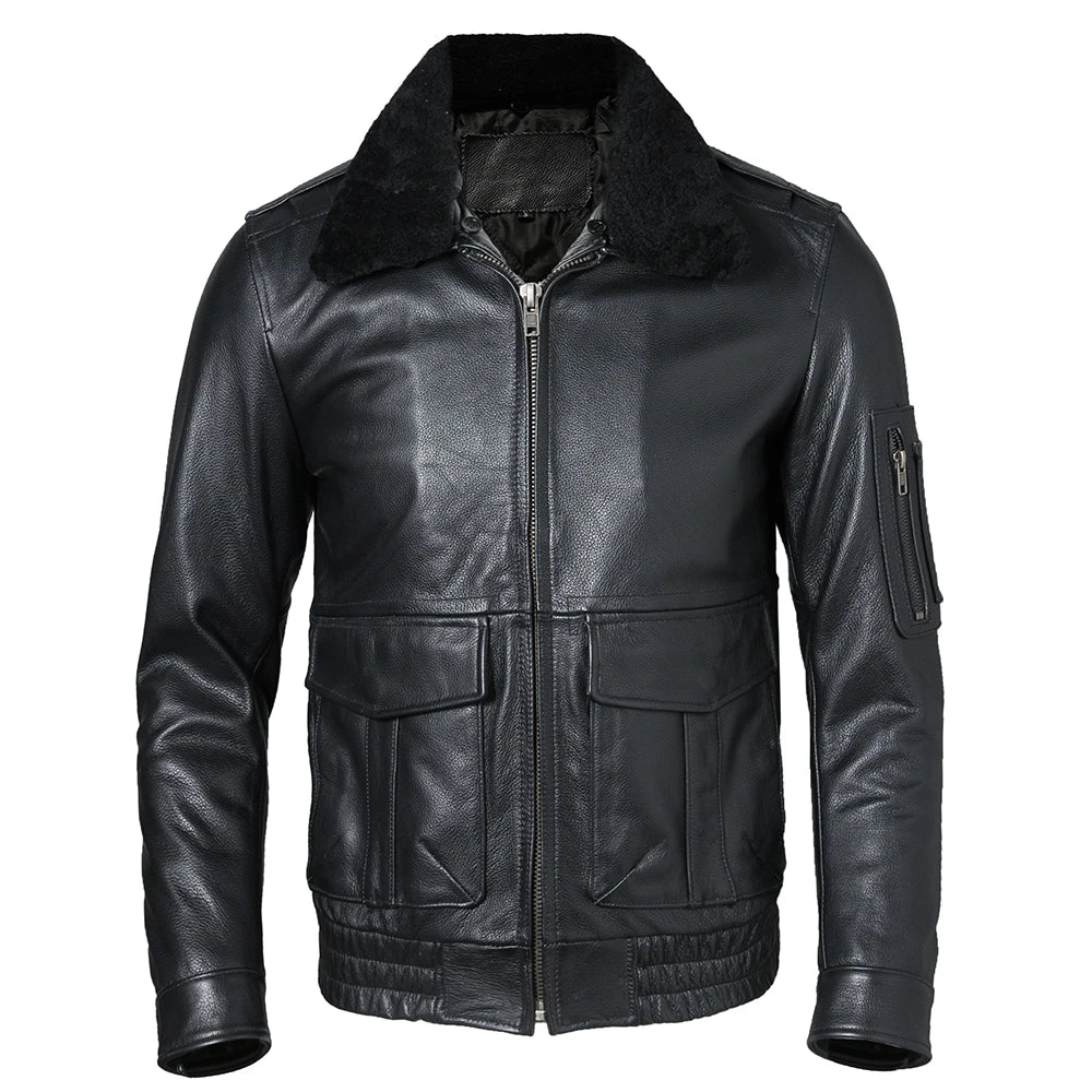 Men Leather Jacket Quilted 100% Natural Cowhide & Fur Collar Flight Coat Aviator Clothing Winter Warm Asian Size S-7XL M609