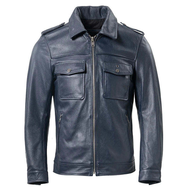 Casual Men Leather Jacket Blue Black Real Cowhide Men's Skin Coat Mens Jacket Spring Autumn Male Clothes Asian Size M617