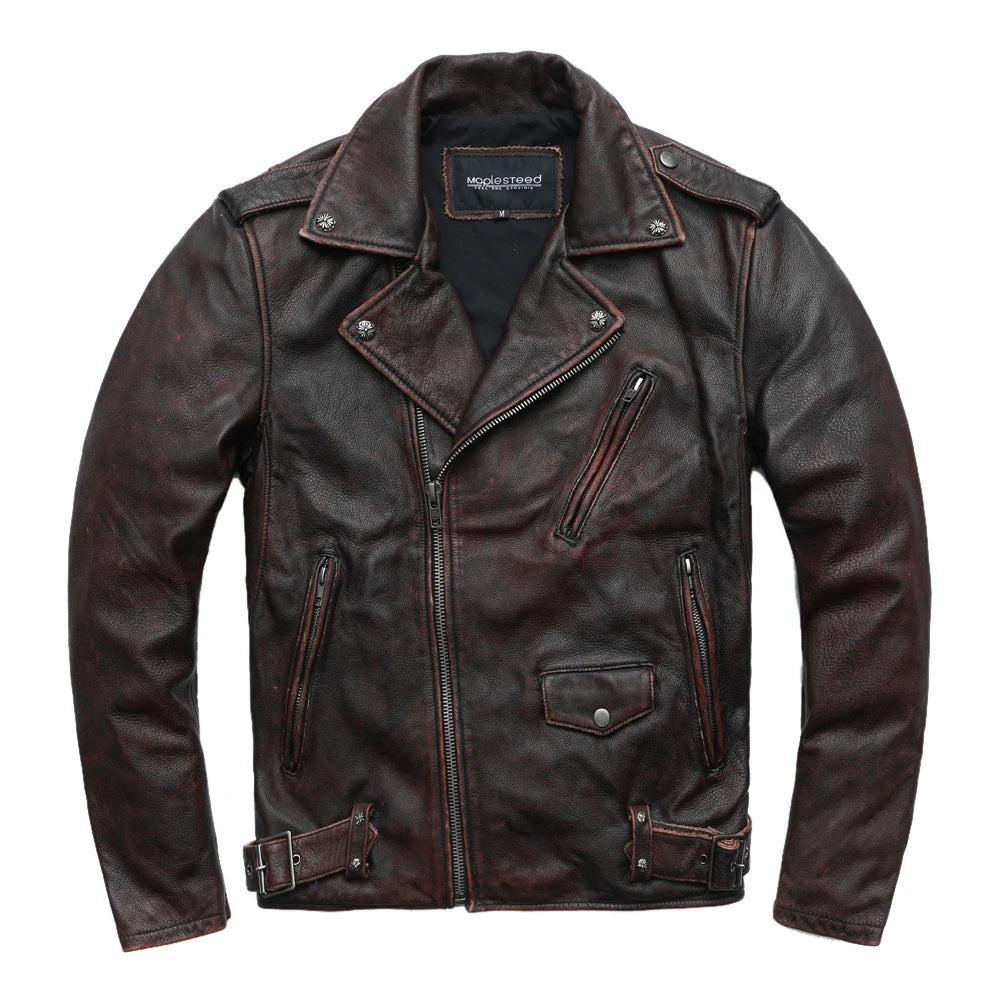 Vintage Motorcycle Jacket Men Genuine Leather Jackets 100% Cowhide Leather Coat Winter Biker Jacket Moto Clothing  M456