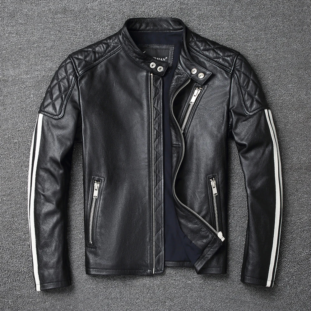 Men Leather Jacket 100% Genuine Cowhide Leather Jackets Slim Fit White Stripes Men Natural Skin Coat Autumn Clothing M420