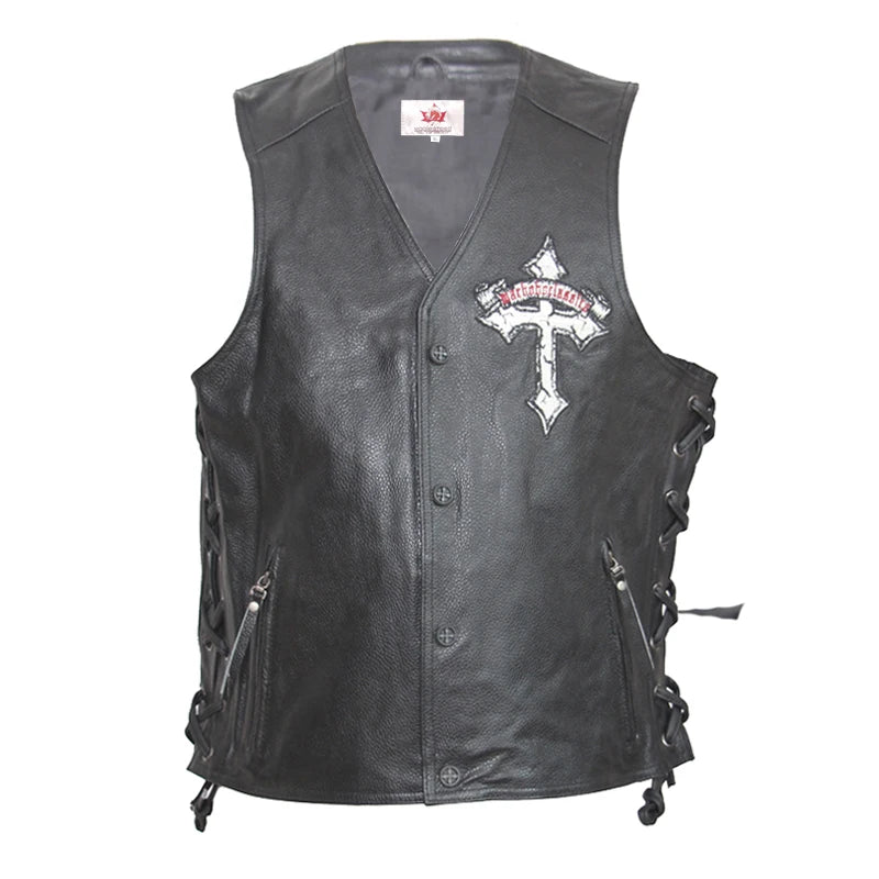 Genuine Leather Vest Motorcycle Embroidery Skull Natural Cow Skin Moto Vest Biker Waistcoat Leather Jacket Sleeveless M127