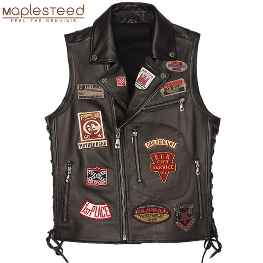 Motorcycle Leather Vest Patches 100% Real Cowhide Slim Fit Biker Leather Vest Men Motor Waistcoat Leather Jacket Sleeveless M449