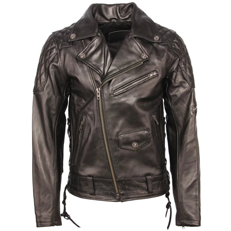 Fashion Motorcycle Leather Jacket Thick 100% Cowhide Slim Fit Men Genuine Leather Coat Motor Biker Jacket Winter Clothing  M355