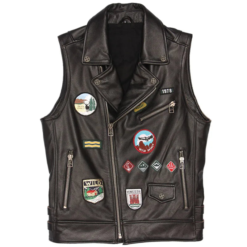 Motorcycle Leather Vest Patches 100% Real Cowhide Slim Fit Biker Leather Vest Men Motor Waistcoat Leather Jacket Sleeveless M449