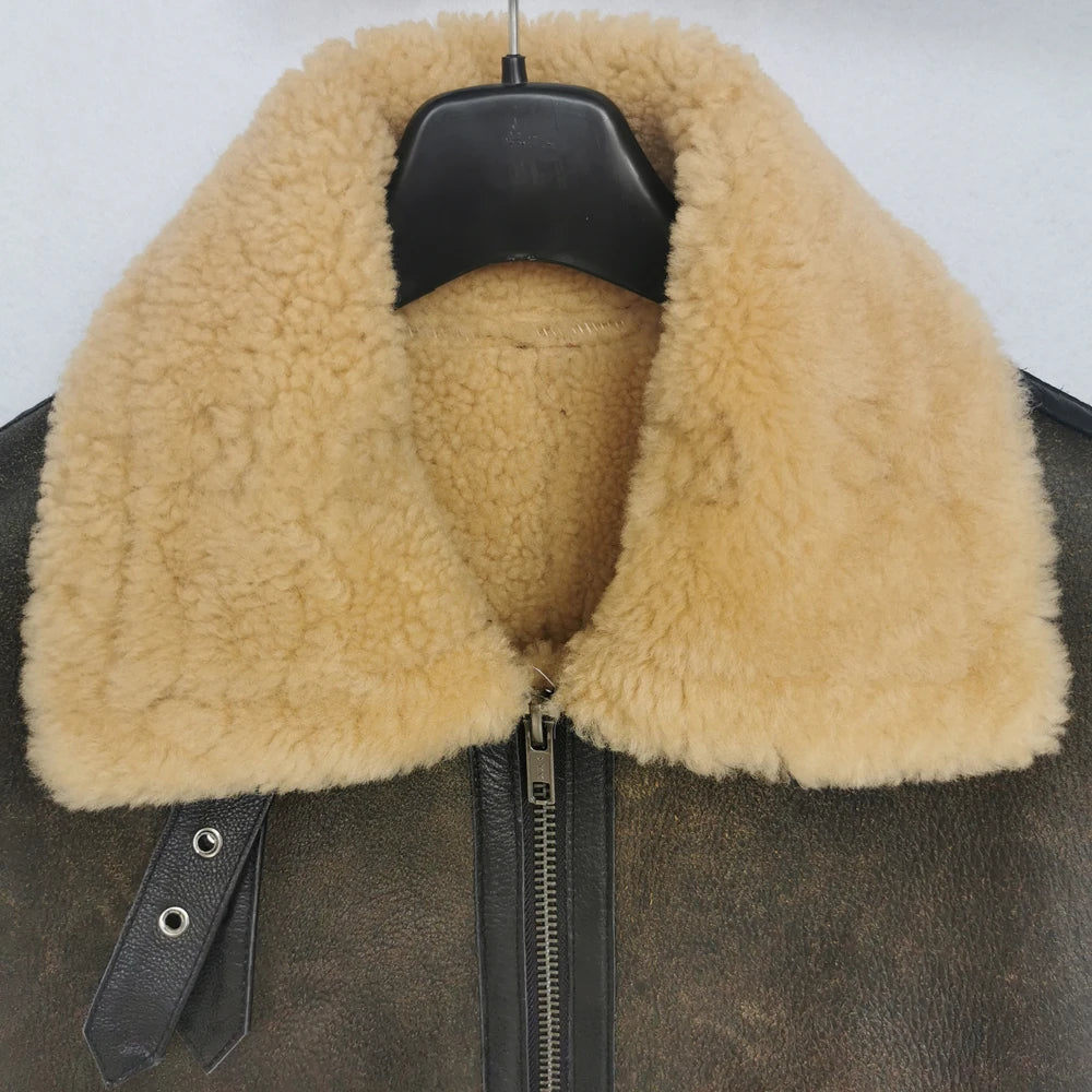 Thick Brown Cracking Leather Shearling Coat Men 100% Natural Sheepskin Fur Coat Winter Man Leather Coat Warm Clothing M372