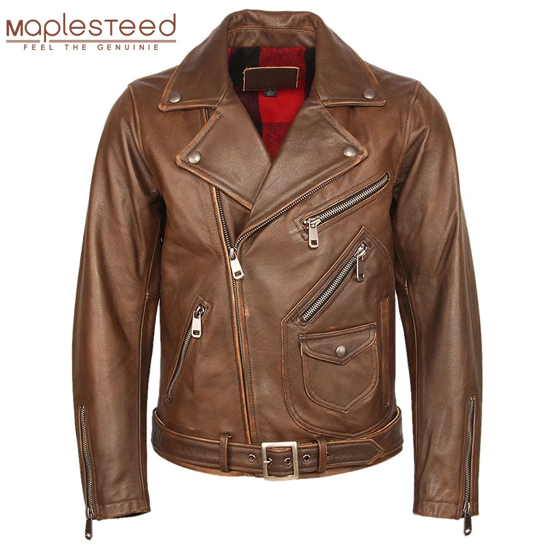 Vintage Motorcycle Jacket Men Leather Jacket Thick 100% Natural Cowhide Biker Jacket Moto Genuine Leather Coat Winter M457