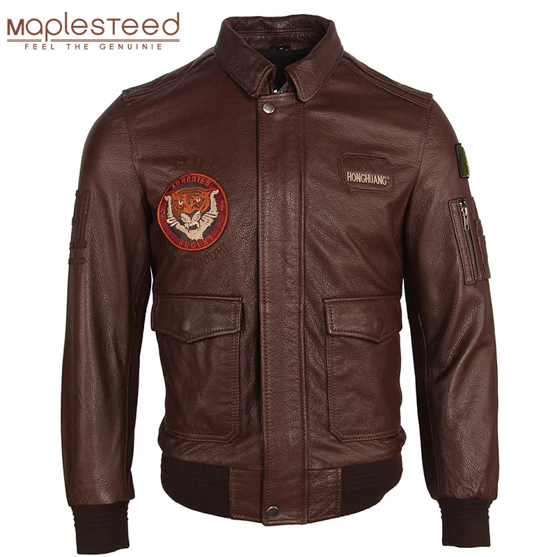 Embroidery Men's Leather Jacket 100% Cow Skin Jackets Brown Black Soft Flight Force A-2 Leather Coat Autumn Male Clothing M251