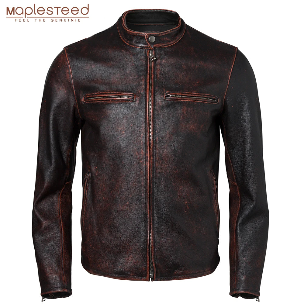 Vintage Men Genuine Leather Jacket Slim Fit 100% Natural Cowhide Men's Leather Coat Male Leather Clothing Autumn Asian Size M604