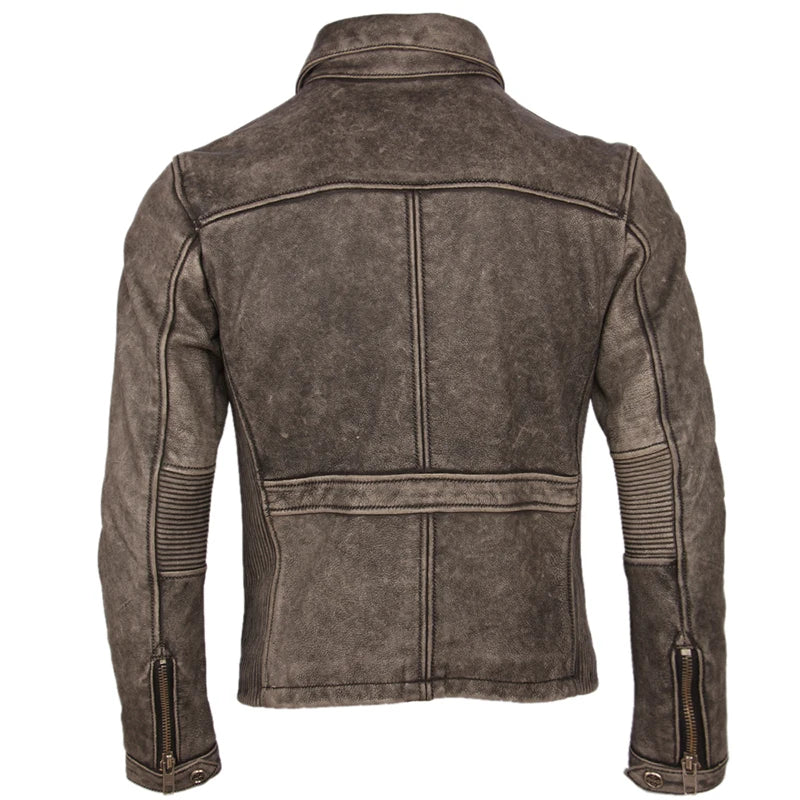 Vintage Distressed Motorcycle Leather Jacket Thick 100% Natural Cowhide Slim Moto Biker Leather Coat Men Winter Clothing M217