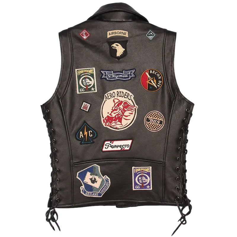 Motorcycle Leather Vest Patches 100% Real Cowhide Slim Fit Biker Leather Vest Men Motor Waistcoat Leather Jacket Sleeveless M449