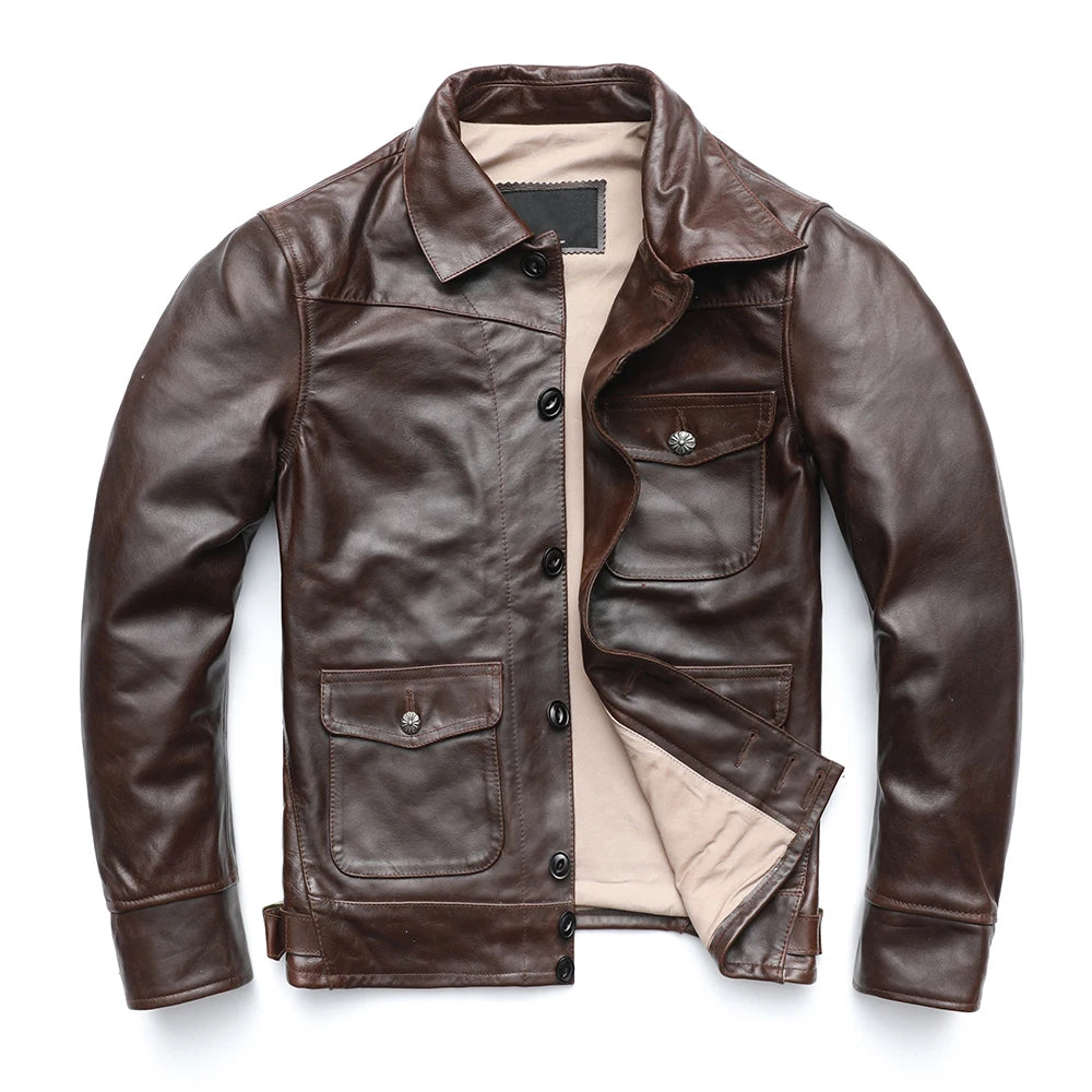 Men Leather Jacket Thick Turn Down Collar Dark Brown Solf Oil Wax Cowhide Skin Jacket Men Winter Coat Asian Size M-3XL M505