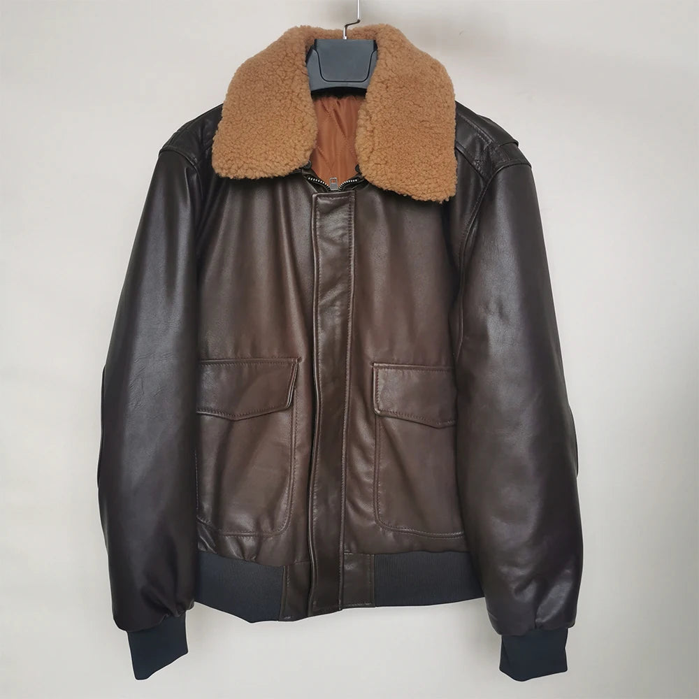 Genuine Leather Jacket Men Flight Jackets 100% Soft Thin Sheepskin Natural Fur Collar Aviator Clothing For Autumn 0~ -10 ℃ M176