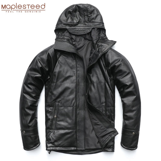 Long Winter Coat Thick Warm Men Leather Coat Quilted Hood 100% Natural Cow Leather Coat Long Clothing Overcoat M490