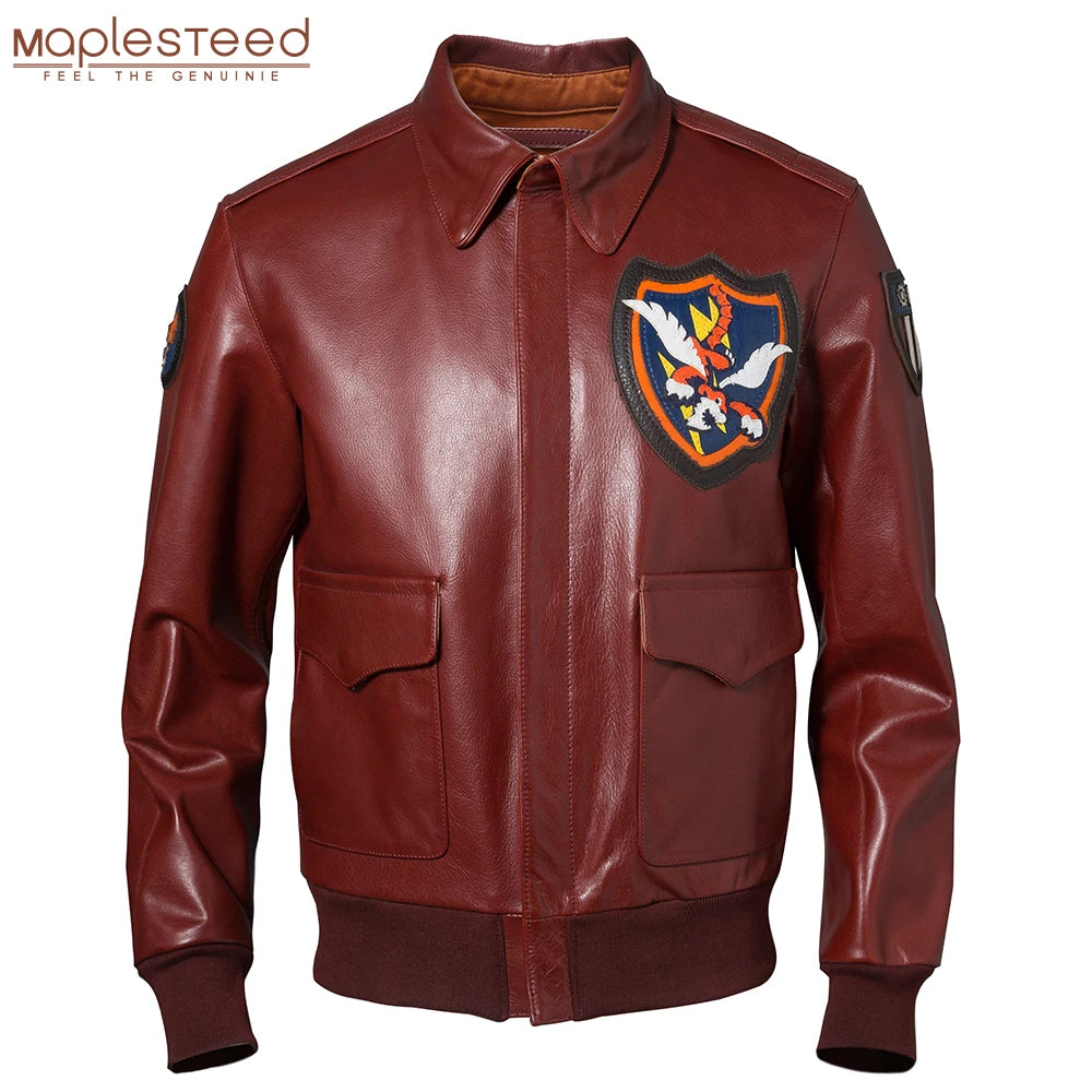 Fashion Men Leather Jacket 100% Genuine Cowhide Yellow Wine Red Color Flight Military Coat Biker Clothing Autumn Asian Size M592