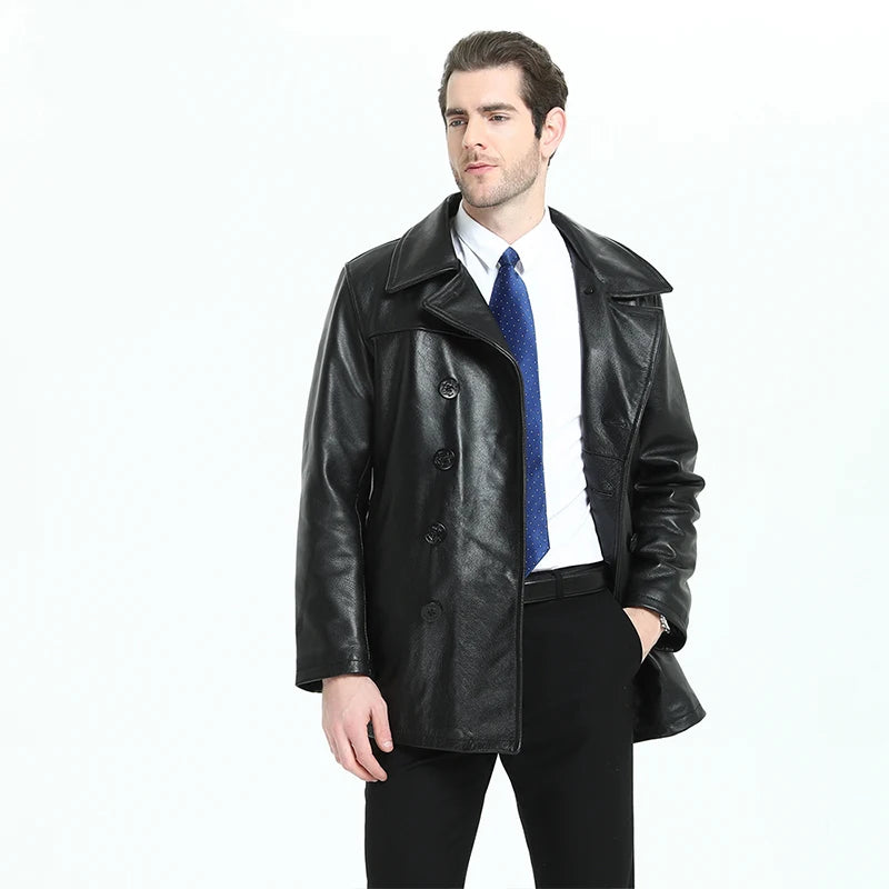 Long Men Leather Coat Quilted Thick 100% Natural Cow Skin Genuine Leather Jacket Man Winter Coat Long Warm M200