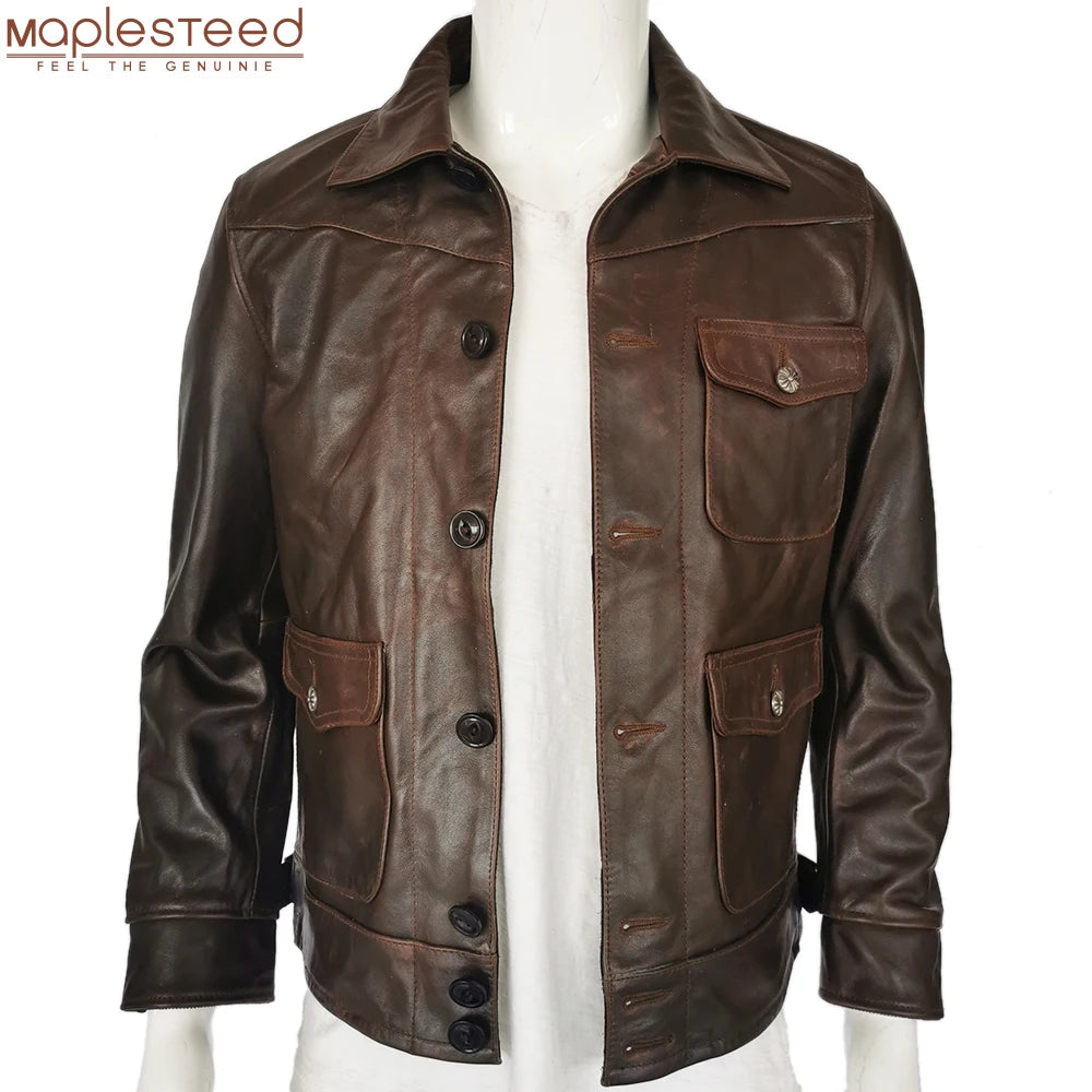 Men Leather Jacket Thick 100% Natural Oil Wax Cowhide Skin Jacket Dark Brown Soft Men Coat Winter Clothing Asian Size M-3XL M505