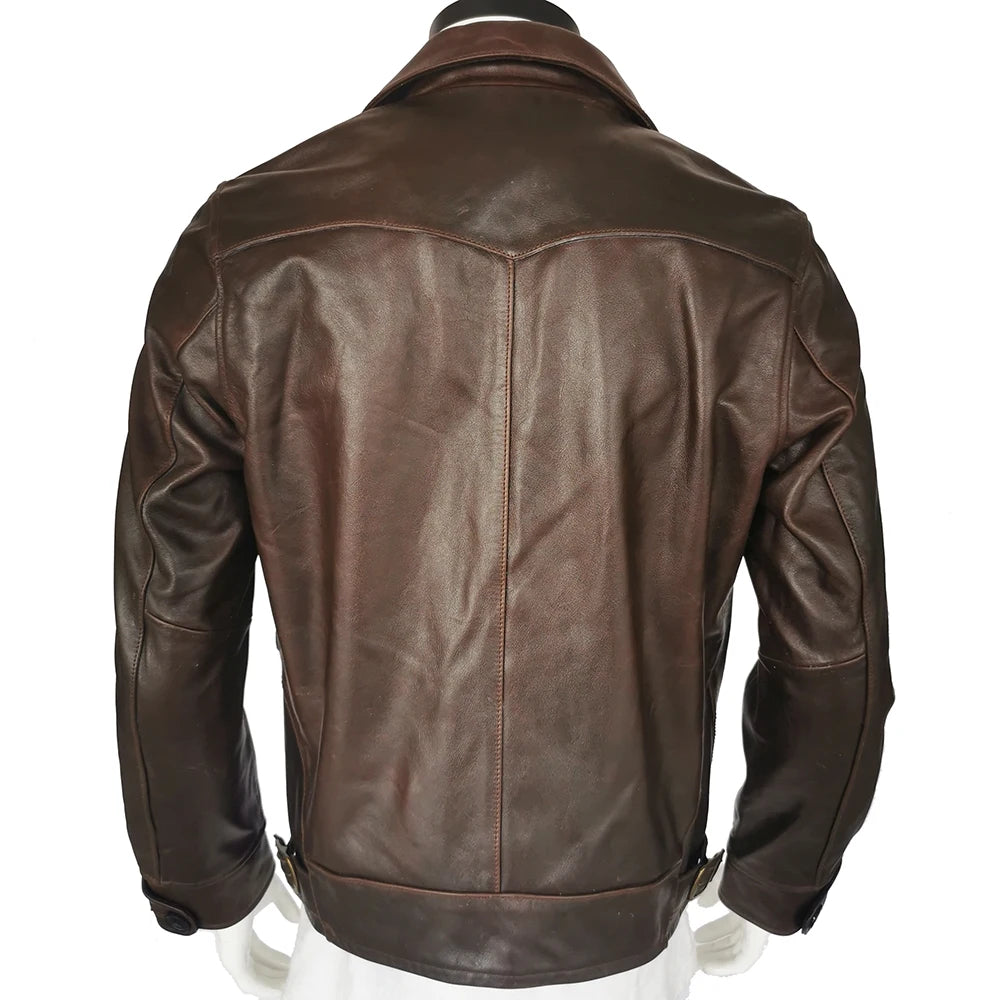 Men Leather Jacket Thick 100% Natural Oil Wax Cowhide Skin Jacket Dark Brown Soft Men Coat Winter Clothing Asian Size M-3XL M505