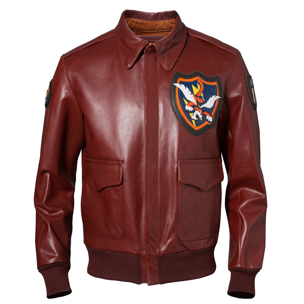 Fashion Men Leather Jacket 100% Genuine Cowhide Yellow Wine Red Color Flight Military Coat Biker Clothing Autumn Asian Size M592