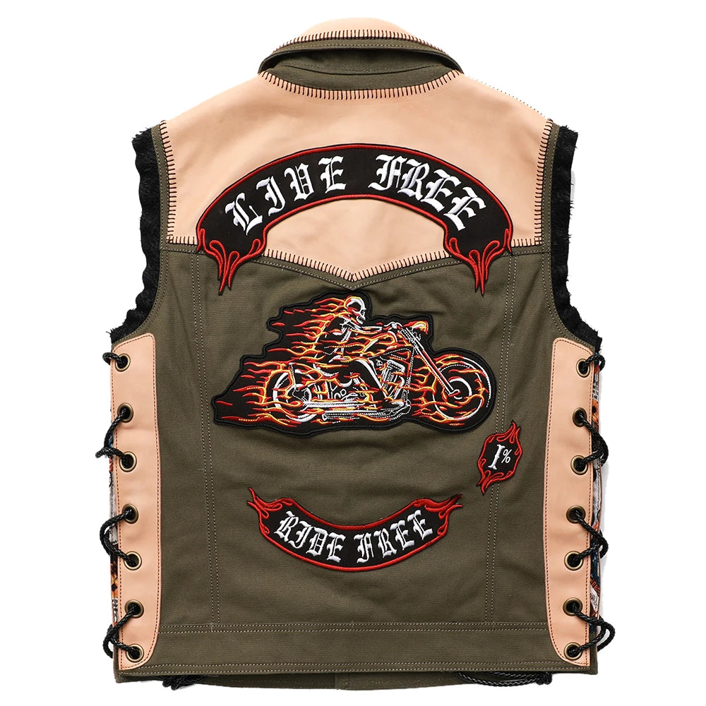 Customized Asian Size M-9XL Club Motorcycle Vest 100% Natural Cowhide Leather Spliced Canvas Biker Vest Club Vest Oversize M468