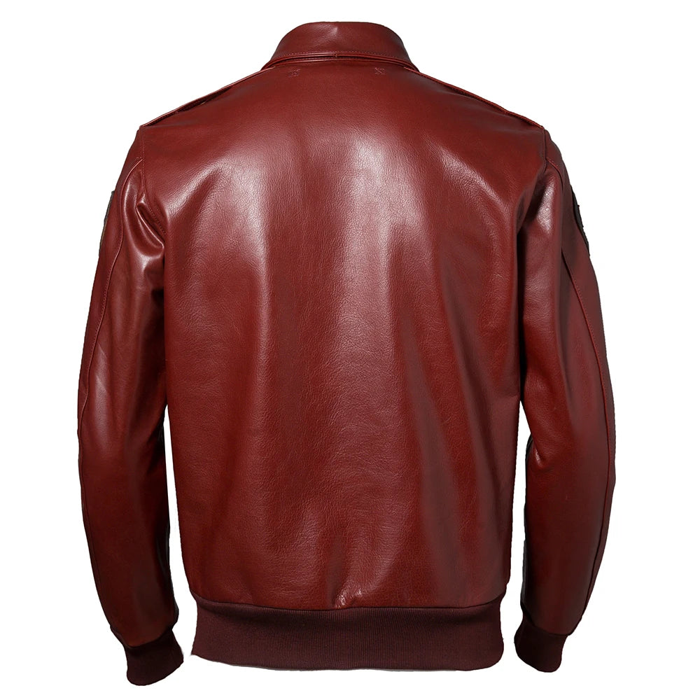 Fashion Men Leather Jacket 100% Genuine Cowhide Yellow Wine Red Color Flight Military Coat Biker Clothing Autumn Asian Size M592