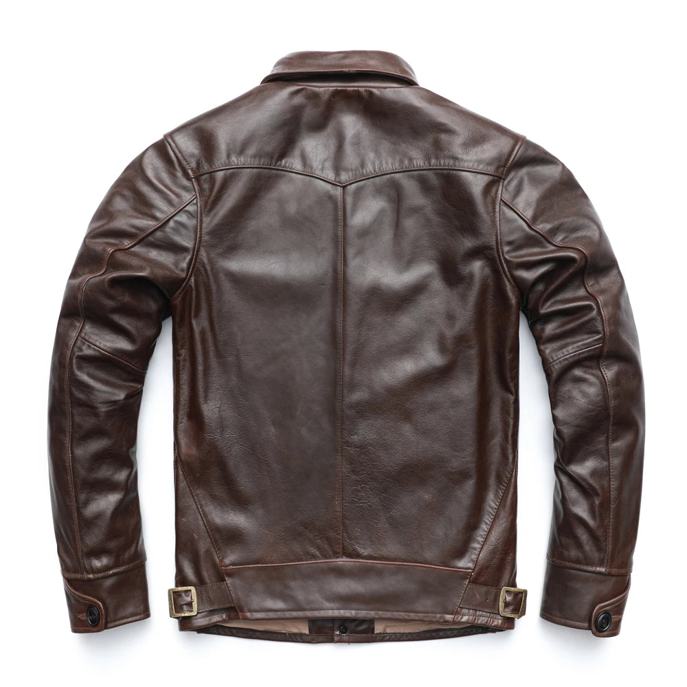 Men Leather Jacket Thick Turn Down Collar Dark Brown Solf Oil Wax Cowhide Skin Jacket Men Winter Coat Asian Size M-3XL M505