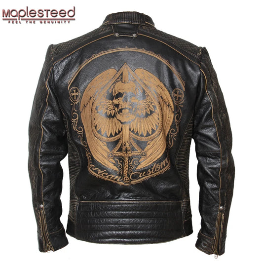 Vintage Motorcycle Jacket Men Leather Jacket Cowhide Black Skull Genuine Leather Jacket Men Biker Coat Autumn Asian Size M091