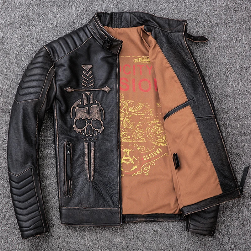 Vintage Motorcycle Jacket Skull 100% Cowhide Slim Fit Men Leather Jacket Distressed Moto Biker Coat Winter M203