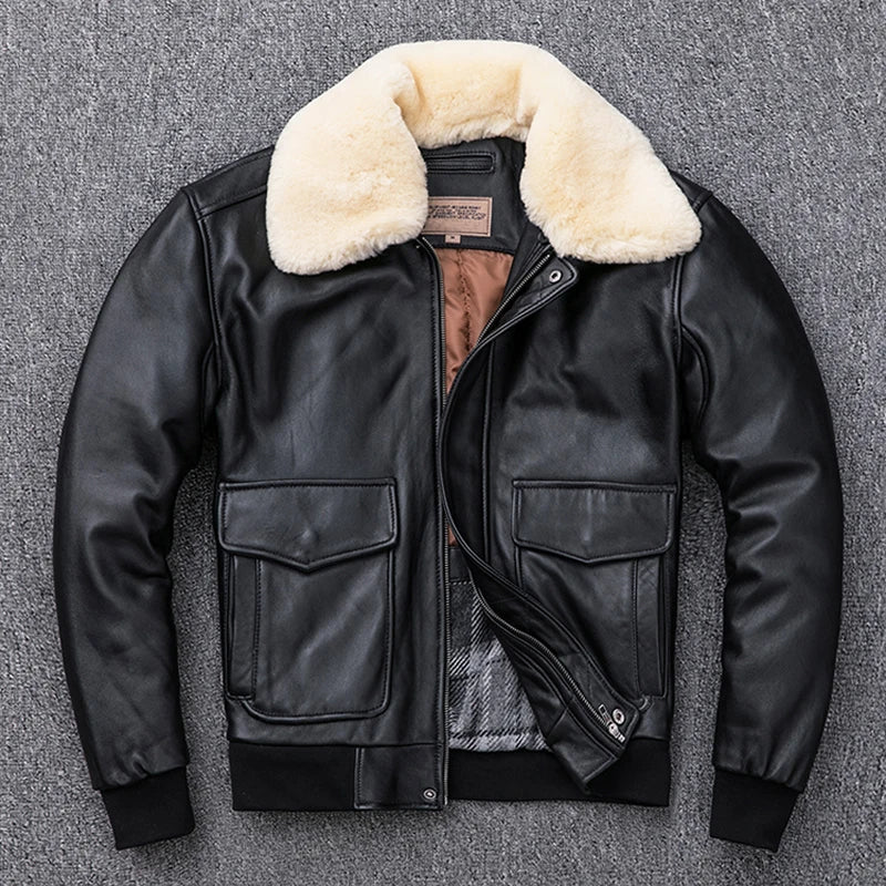 Quilted 100% Sheepskin Leather Jacket Men Air Force Flight Jacket Man Winter Coat Collar Removable M176