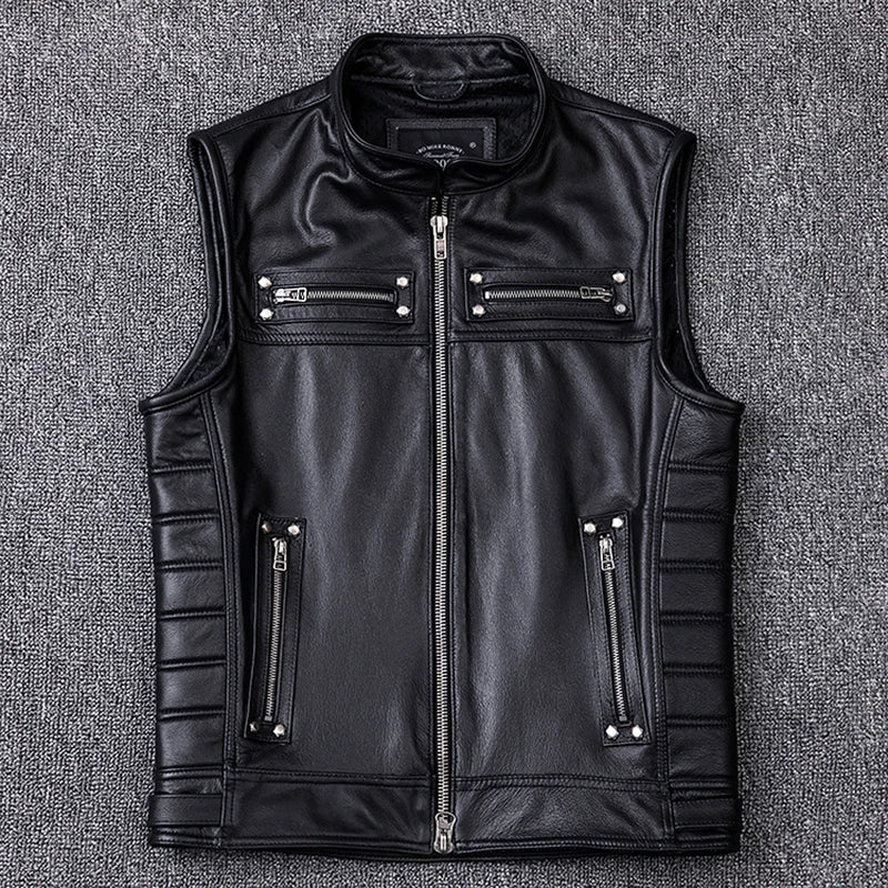 Vintage Edging Black Motorcycle Leather Vest Men 100% Calf Skin Vests Moto Man Biker Waistcoat Sleeveless Jacket M208