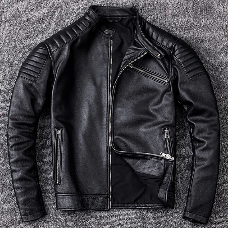 Vintage Men Leather Jacket Slim 100% Natural Cowhide Skin Jackets Motorcycle Coat Men's Biker Clothing Leather Coat Autumn M104