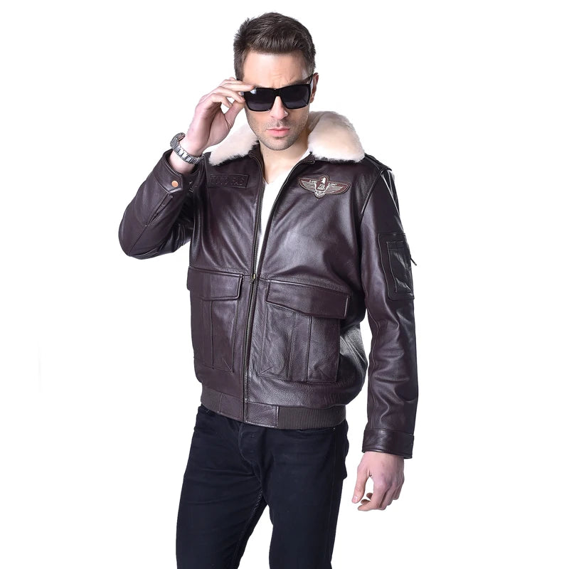 MAPLESTEED Genuine Leather Jacket Men Pilot Jacket Flight Aviator Coat 100% Cowhide Fur Collar Mens Leather Jacket Winter 177