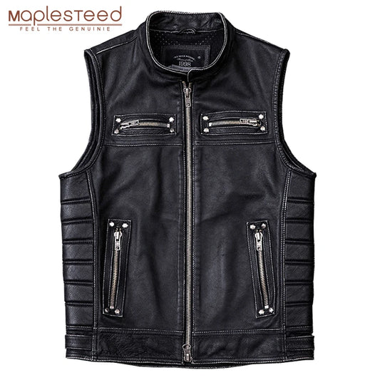 Vintage Edging Black Motorcycle Leather Vest Men 100% Calf Skin Vests Moto Man Biker Waistcoat Sleeveless Jacket M208