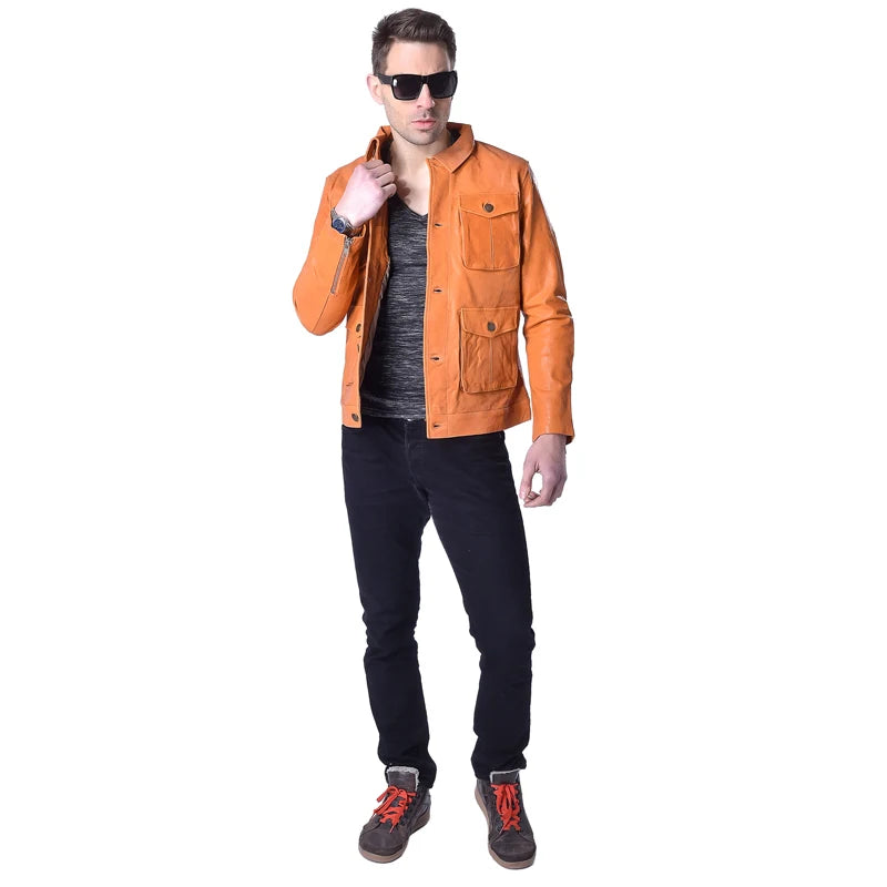 Fashion Genuine Leather Jacket Men Leather Coat Vegetable Tanned Matte Goatskin Pockets Yellow Male Leather Coat  Autumn M158