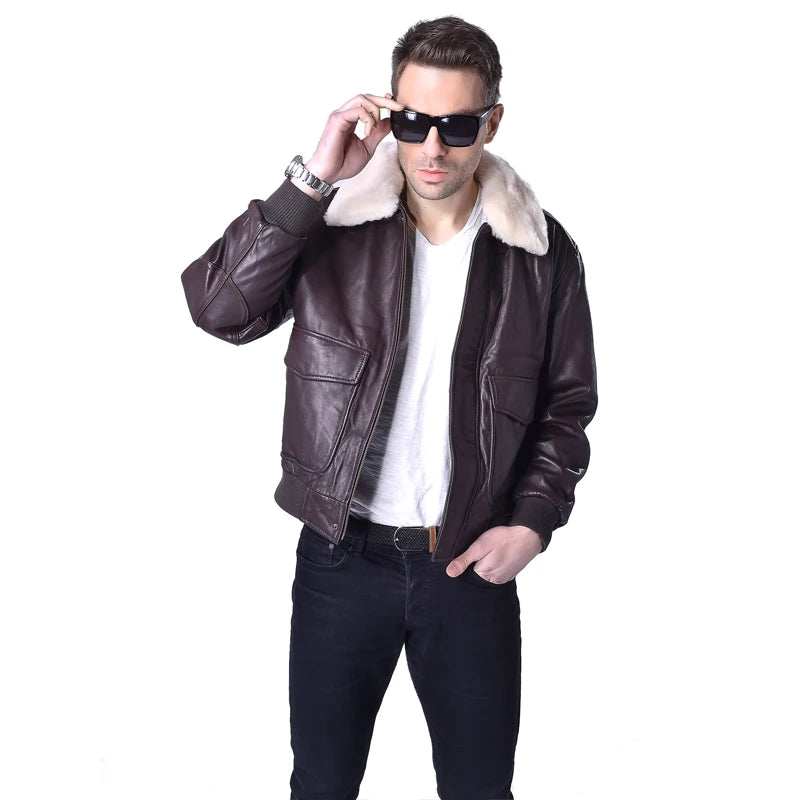 Men Genuine Leather Jacket Flight Jackets Real Sheepskin Natural Fur Collar Pilot Aviator Clothing Deep Autumn Early Winter M176