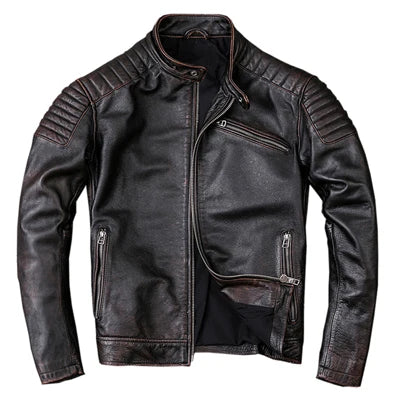 Vintage Leather Jacket Men 100% Genuine Cowhide Black Moto Biker Clothing Man Coat Boy Leather Coat Slim Autumn Asian Size M104