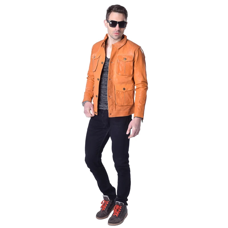 Fashion Genuine Leather Jacket Men Leather Coat Vegetable Tanned Matte Goatskin Pockets Yellow Male Leather Coat  Autumn M158