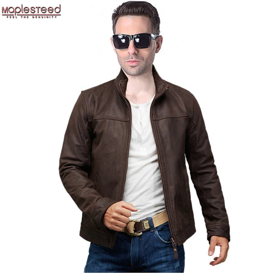 Men Genuine Leather Jacket 100% Natural Cowhide Dark Brown Bomber Man Leather Coat Men's Leather Clothing Autumn M161