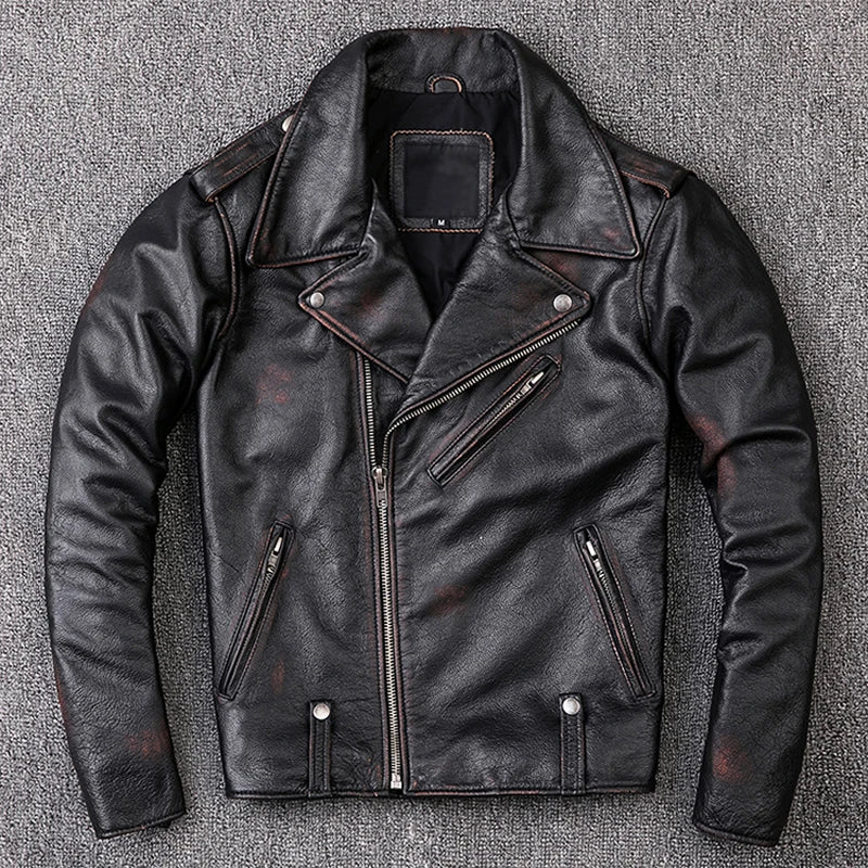 Washed Stone Milled Distressed Edging Vintage Leather Jacket For Men Jackets 100% Natural Calf Skin Coat Autumn Winter M209