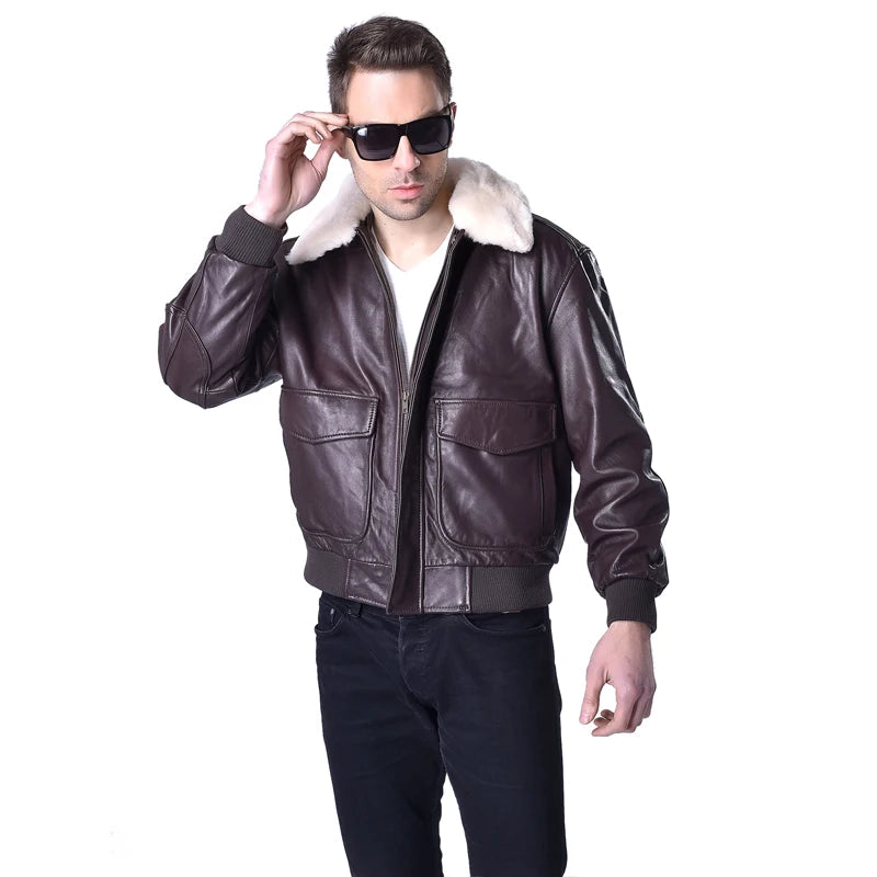 Men Genuine Leather Jacket Flight Jackets Real Sheepskin Natural Fur Collar Pilot Aviator Clothing Deep Autumn Early Winter M176