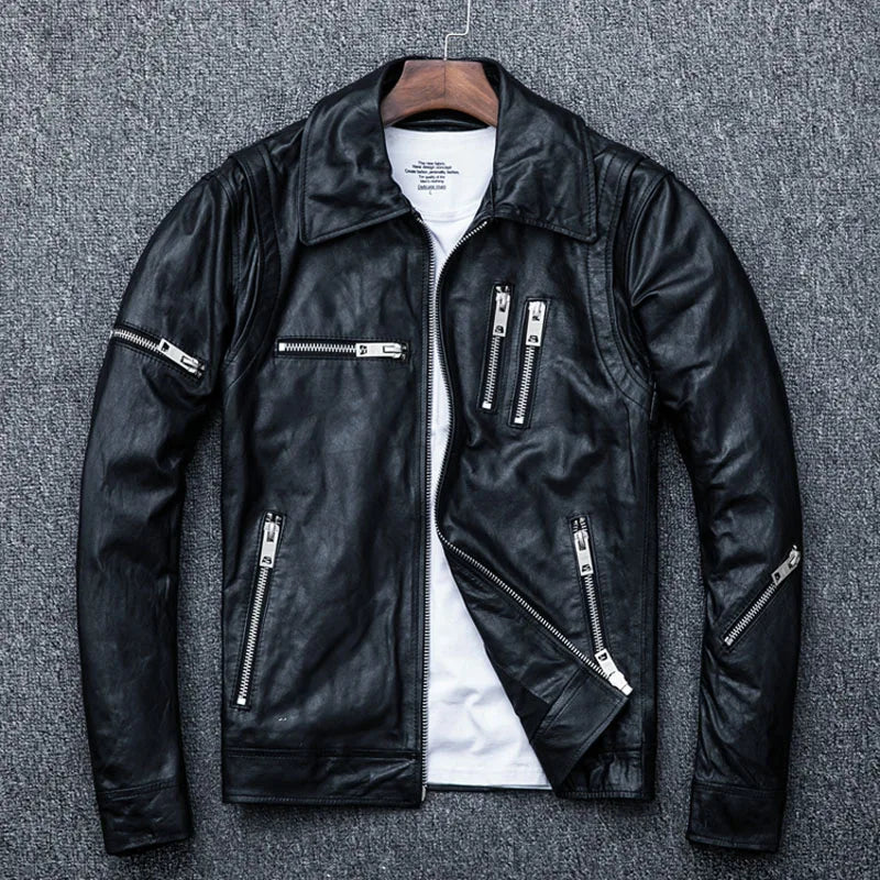 Clearance ! Natural Sheepskin Tanned Leather Jacket Men Skin Jacket Motorbiker Coat Soft Black Mens Leather Coat Autumn M005