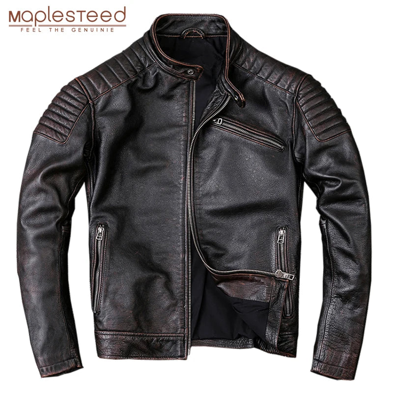 Vintage Men Leather Jacket Slim 100% Natural Cowhide Skin Jackets Motorcycle Coat Men's Biker Clothing Leather Coat Autumn M104