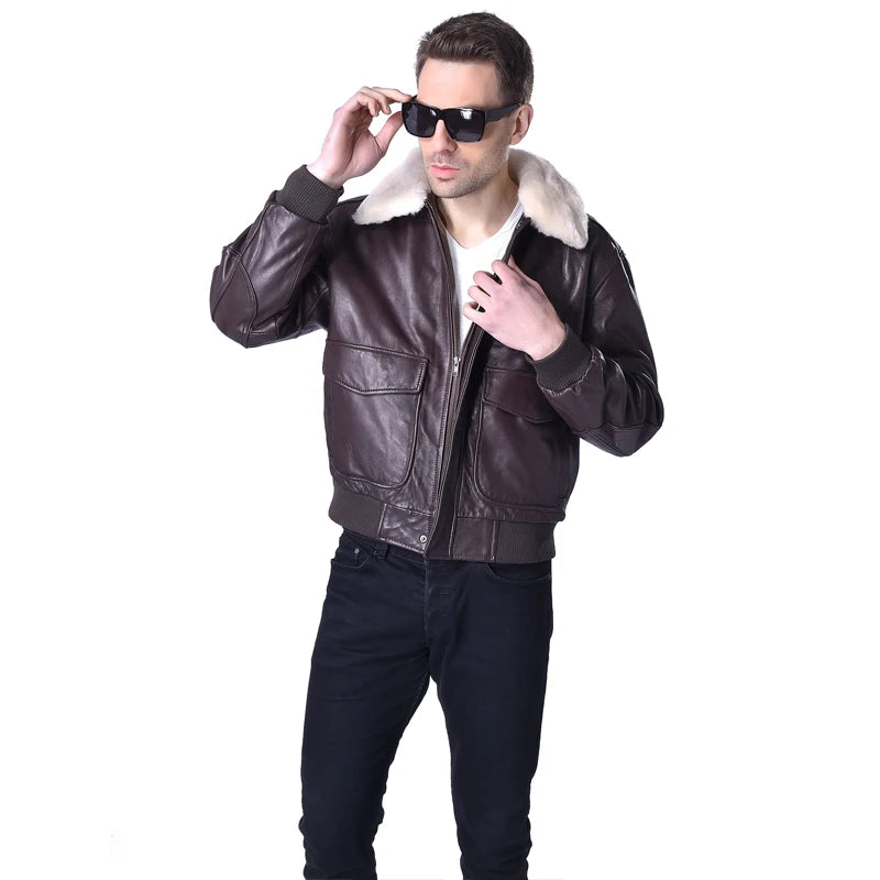 Men Genuine Leather Jacket Flight Jackets Real Sheepskin Natural Fur Collar Pilot Aviator Clothing Deep Autumn Early Winter M176