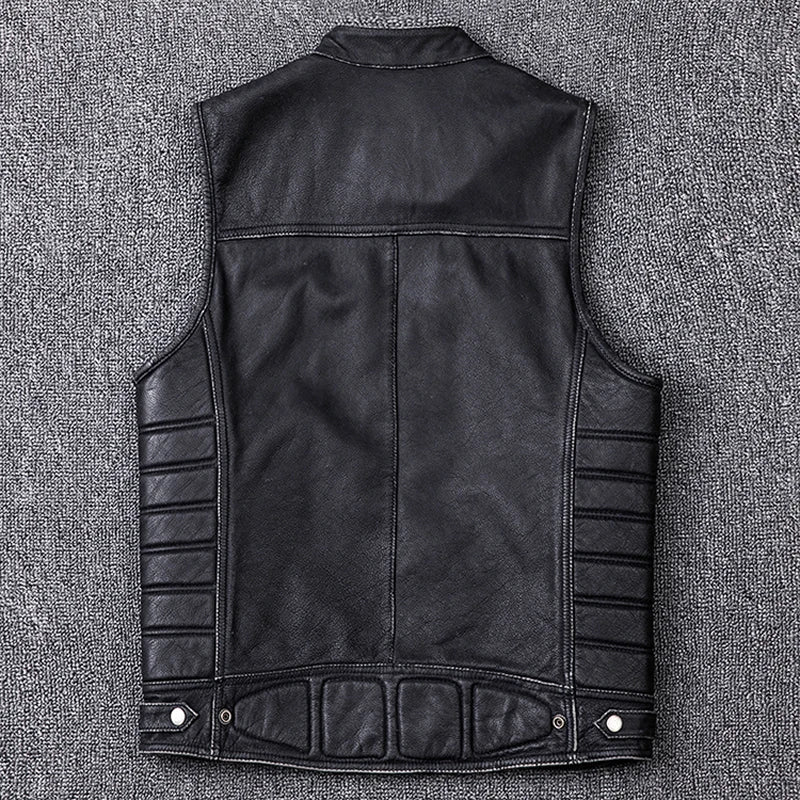 Vintage Edging Black Motorcycle Leather Vest Men 100% Calf Skin Vests Moto Man Biker Waistcoat Sleeveless Jacket M208