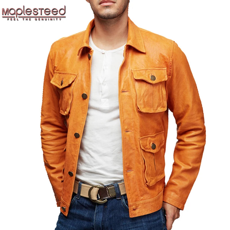 Fashion Genuine Leather Jacket Men Leather Coat Vegetable Tanned Matte Goatskin Pockets Yellow Male Leather Coat  Autumn M158