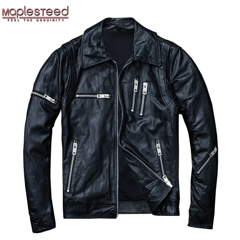 Clearance ! Natural Sheepskin Tanned Leather Jacket Men Skin Jacket Motorbiker Coat Soft Black Mens Leather Coat Autumn M005