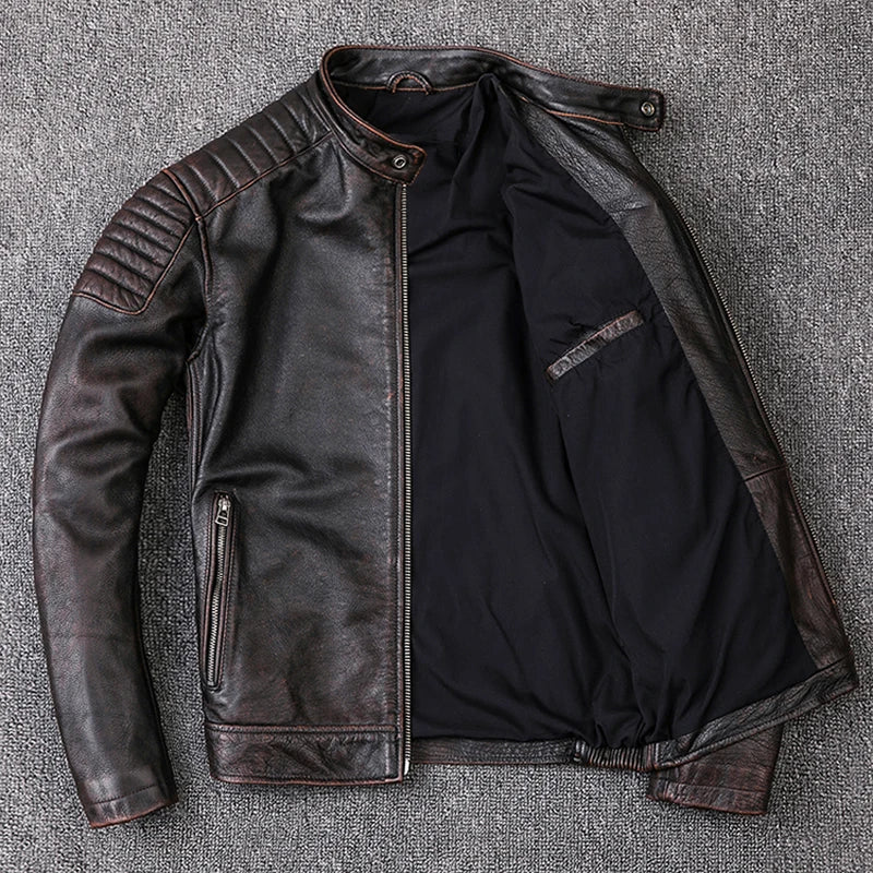 Vintage Men Leather Jacket Slim 100% Natural Cowhide Skin Jackets Motorcycle Coat Men's Biker Clothing Leather Coat Autumn M104