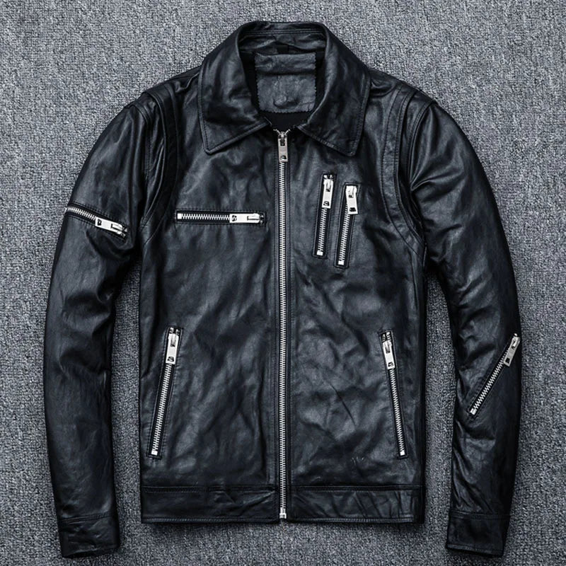 Clearance ! Natural Sheepskin Tanned Leather Jacket Men Skin Jacket Motorbiker Coat Soft Black Mens Leather Coat Autumn M005