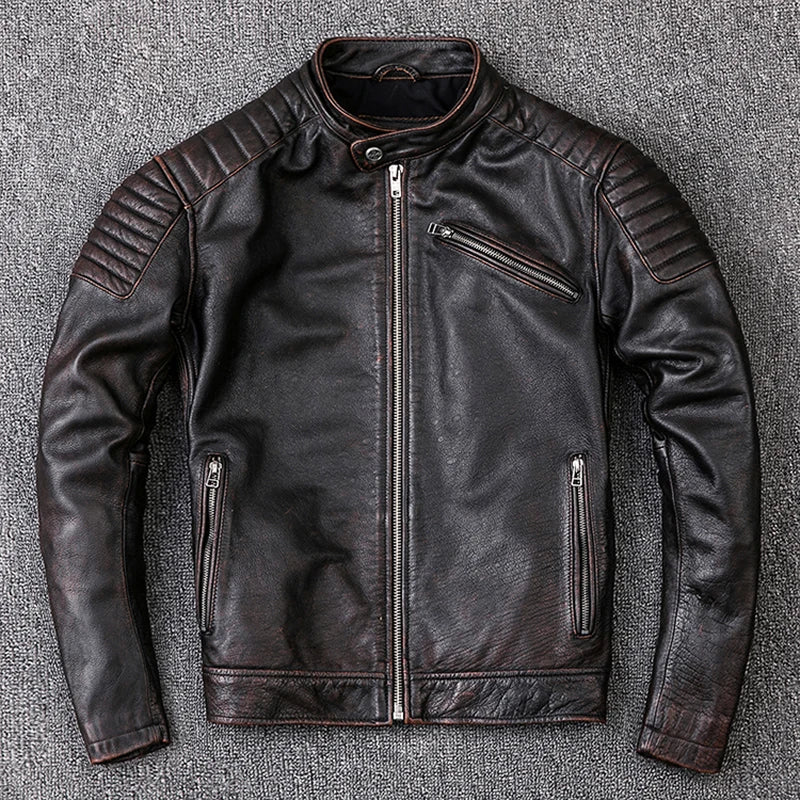 Vintage Men Leather Jacket Slim 100% Natural Cowhide Skin Jackets Motorcycle Coat Men's Biker Clothing Leather Coat Autumn M104