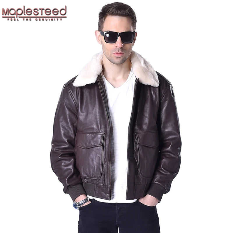 Men Genuine Leather Jacket Flight Jackets Real Sheepskin Natural Fur Collar Pilot Aviator Clothing Deep Autumn Early Winter M176